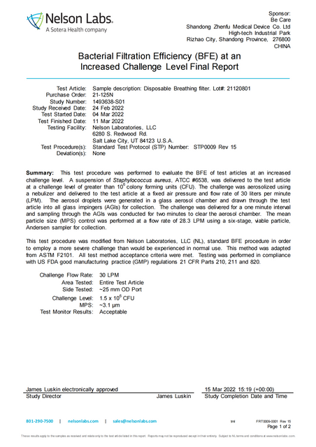 Efficacité de filtration bactérienne (EFB) à un niveau de défi accru Rapport final 1493638-S01_00