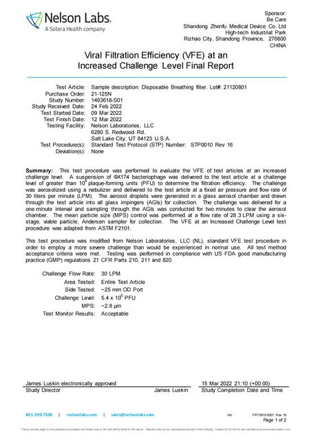 Efficacité de filtration virale (VFE) à un niveau de défi accru Rapport final 1493618-S01_00